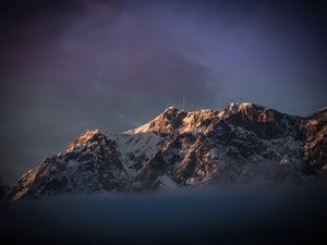 Preview wallpaper mountains, relief, snow, tower, landscape, clouds