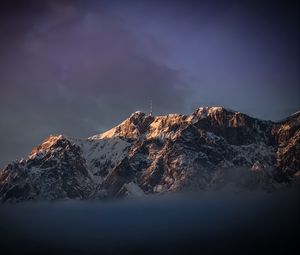 Preview wallpaper mountains, relief, snow, tower, landscape, clouds