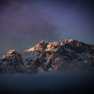 Preview wallpaper mountains, relief, snow, tower, landscape, clouds