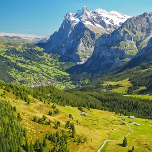 Preview wallpaper mountains, relief, trees, forest, nature, landscape, aerial view