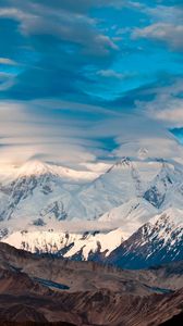 Preview wallpaper mountains, ridge, relief, from above, sky, clouds, azure, snow, merge