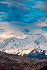 Preview wallpaper mountains, ridge, relief, from above, sky, clouds, azure, snow, merge