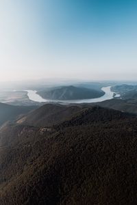 Preview wallpaper mountains, river, aerial view, forest, fog, peaks