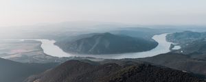 Preview wallpaper mountains, river, aerial view, forest, fog, peaks