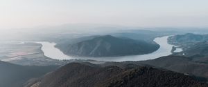 Preview wallpaper mountains, river, aerial view, forest, fog, peaks