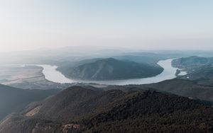 Preview wallpaper mountains, river, aerial view, forest, fog, peaks