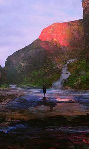 Preview wallpaper mountains, river, art, loneliness, current