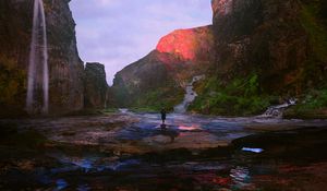 Preview wallpaper mountains, river, art, loneliness, current