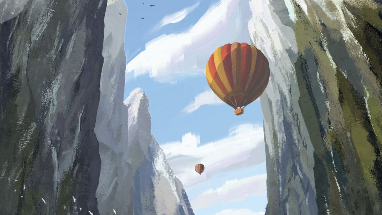 Wallpaper mountains, river, balloons, art