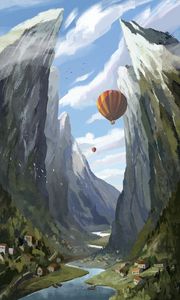 Preview wallpaper mountains, river, balloons, art