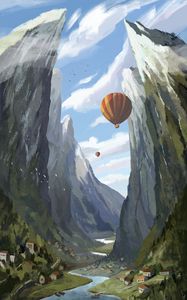 Preview wallpaper mountains, river, balloons, art