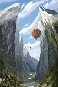Preview wallpaper mountains, river, balloons, art
