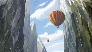 Preview wallpaper mountains, river, balloons, art