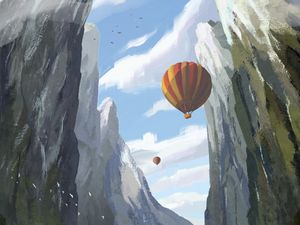 Preview wallpaper mountains, river, balloons, art