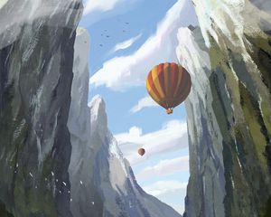 Preview wallpaper mountains, river, balloons, art