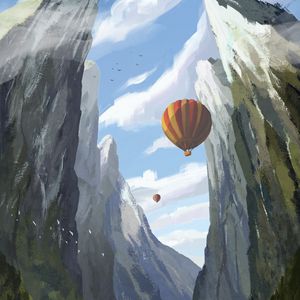 Preview wallpaper mountains, river, balloons, art