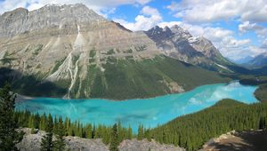 Preview wallpaper mountains, river, blue water, bends, fur-trees, rocks