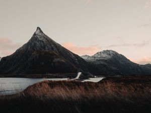 Preview wallpaper mountains, river, bridge, landscape, norway