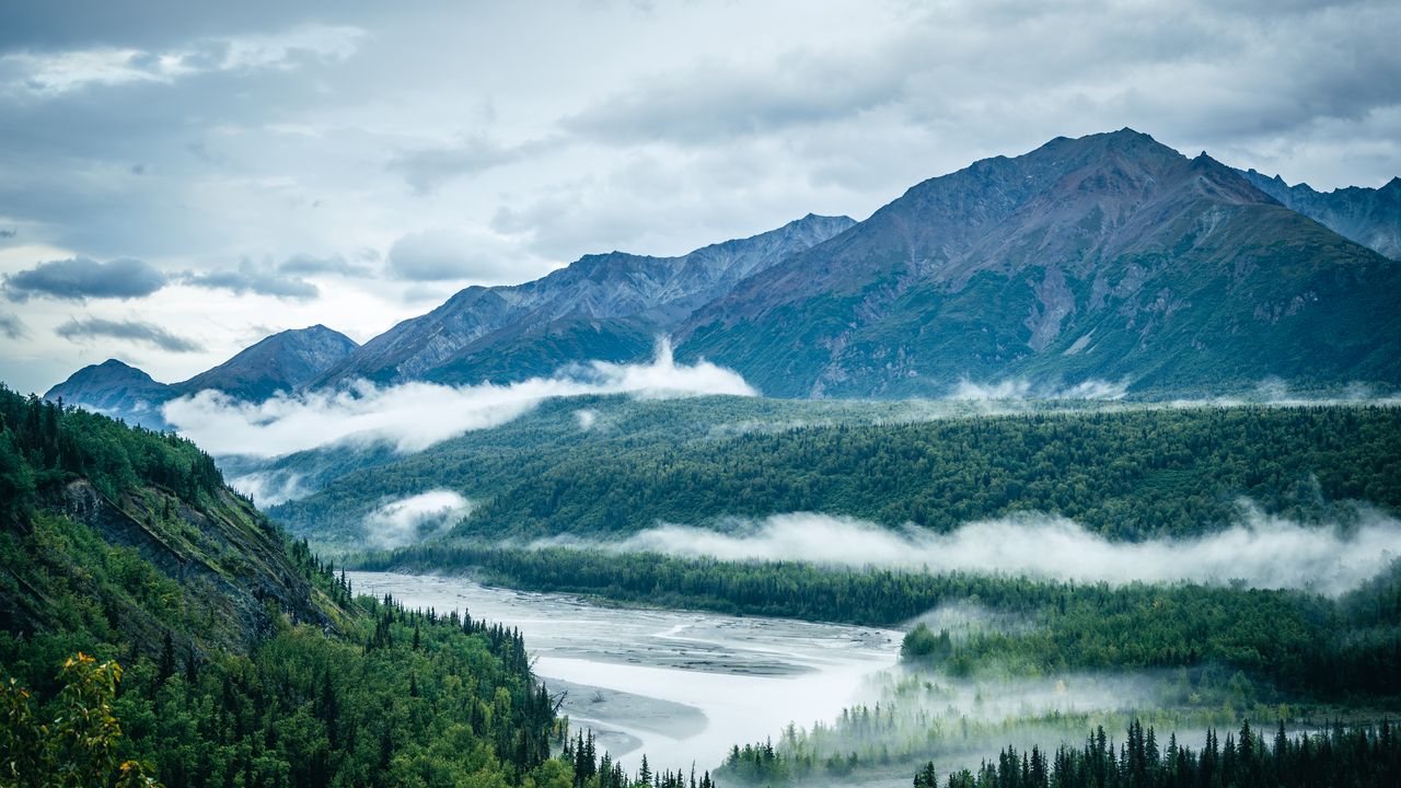 Wallpaper mountains, river, clouds, trees, landscape