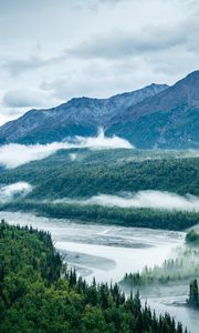 Preview wallpaper mountains, river, clouds, trees, landscape