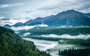 Preview wallpaper mountains, river, clouds, trees, landscape