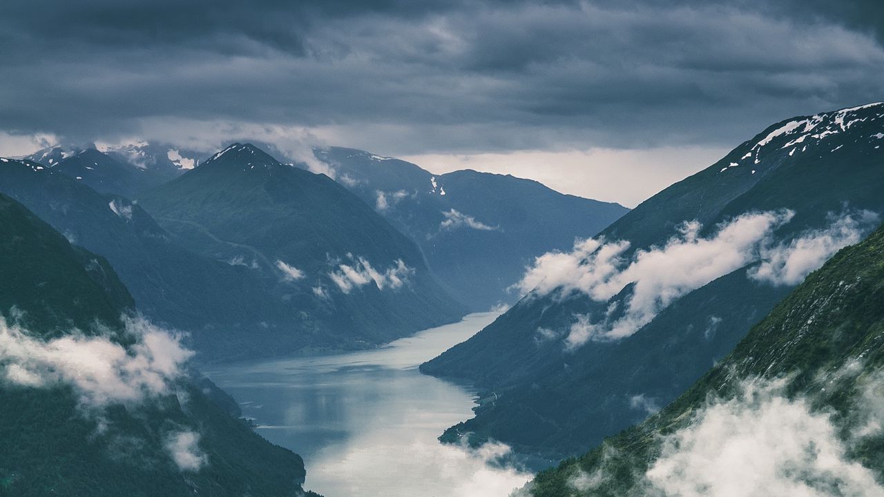 Wallpaper mountains, river, clouds, aerial view, landscape