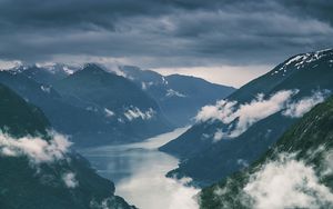 Preview wallpaper mountains, river, clouds, aerial view, landscape