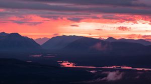 Preview wallpaper mountains, river, clouds, sky, twilight
