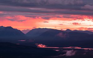 Preview wallpaper mountains, river, clouds, sky, twilight