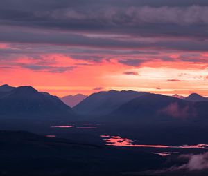 Preview wallpaper mountains, river, clouds, sky, twilight