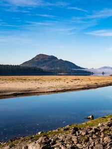 Preview wallpaper mountains, river, coast, sand, forest