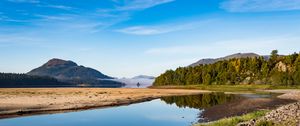 Preview wallpaper mountains, river, coast, sand, forest