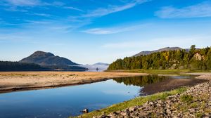 Preview wallpaper mountains, river, coast, sand, forest