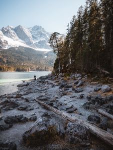 Preview wallpaper mountains, river, coast, trees, silhouette, alone