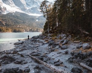 Preview wallpaper mountains, river, coast, trees, silhouette, alone