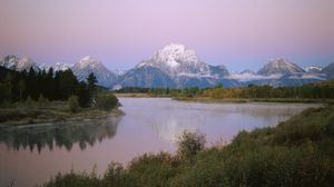 Preview wallpaper mountains, river, coast, vegetation, evening, trees, tops, clouds