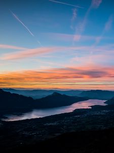 Preview wallpaper mountains, river, dusk, sunset, sky