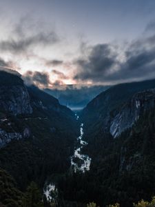 Preview wallpaper mountains, river, fog, overcast