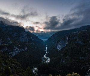 Preview wallpaper mountains, river, fog, overcast