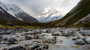 Preview wallpaper mountains, river, fog, stones