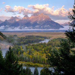 Preview wallpaper mountains, river, fog, trees