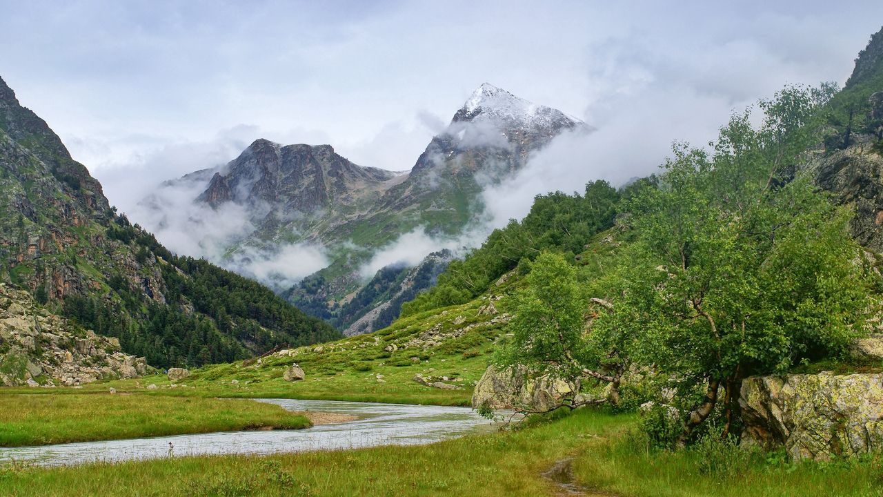 Wallpaper mountains, river, fog, bottom, grass, tree, serenity