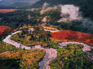 Preview wallpaper mountains, river, forest, trees, winding