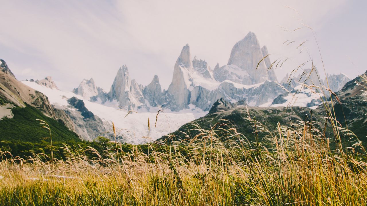 Wallpaper mountains, river, grass, landscape, mountain range