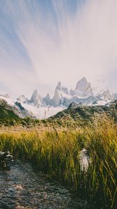 Preview wallpaper mountains, river, grass, landscape, mountain range