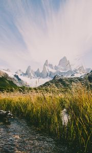 Preview wallpaper mountains, river, grass, landscape, mountain range