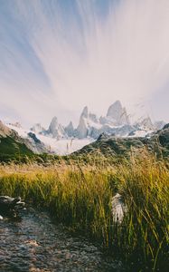 Preview wallpaper mountains, river, grass, landscape, mountain range