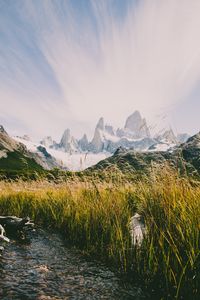 Preview wallpaper mountains, river, grass, landscape, mountain range