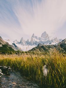 Preview wallpaper mountains, river, grass, landscape, mountain range