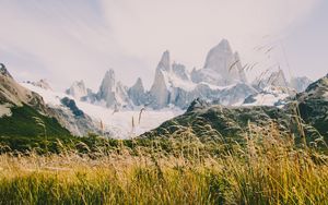 Preview wallpaper mountains, river, grass, landscape, mountain range